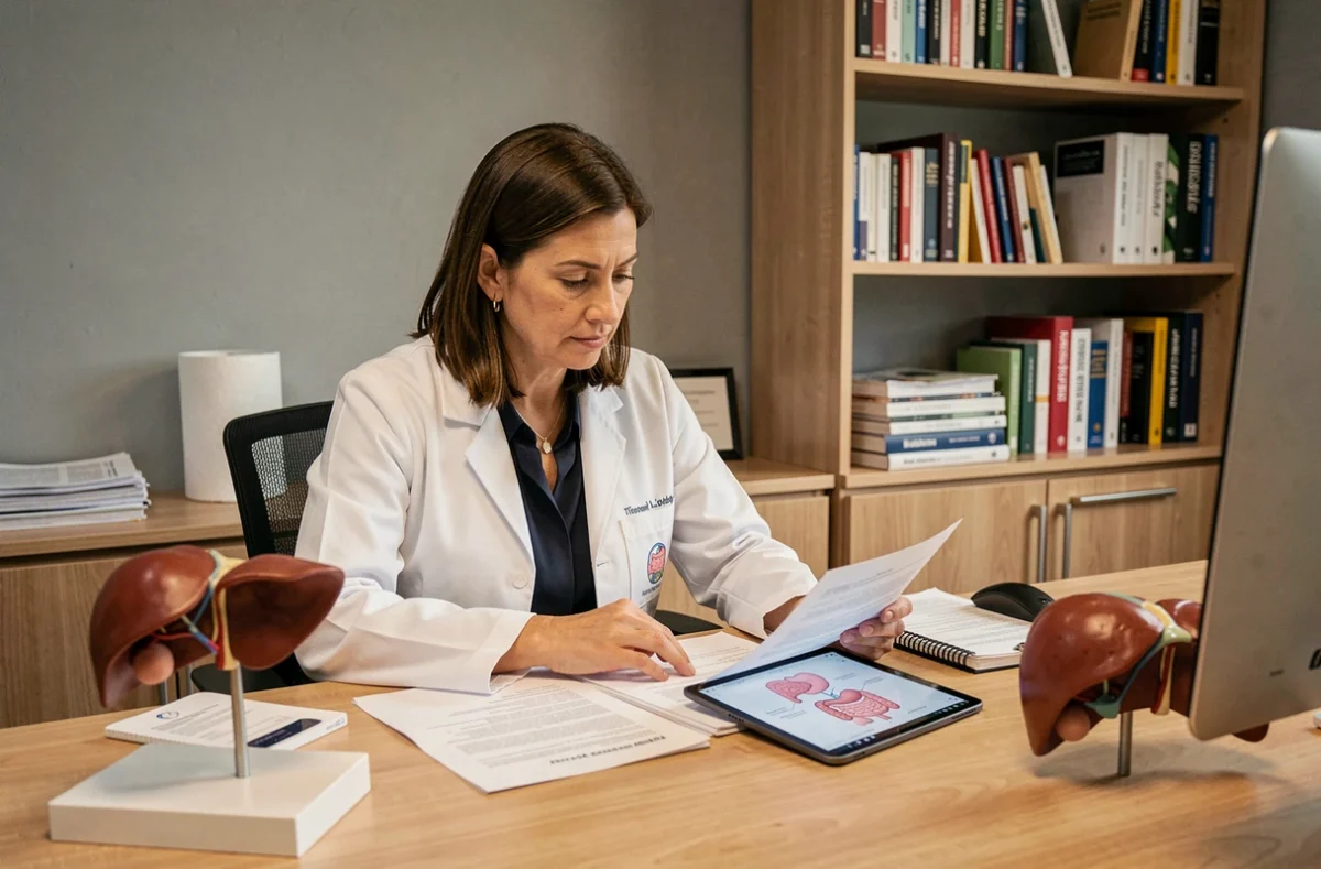 Gastroentérologue féminine analysant des rapports médicaux liés aux troubles hépatiques et biliaires dans son bureau