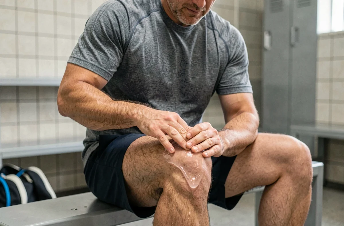 Sportif appliquant un gel anti-douleur sur le genou après l'effort pour soulager une tendinite