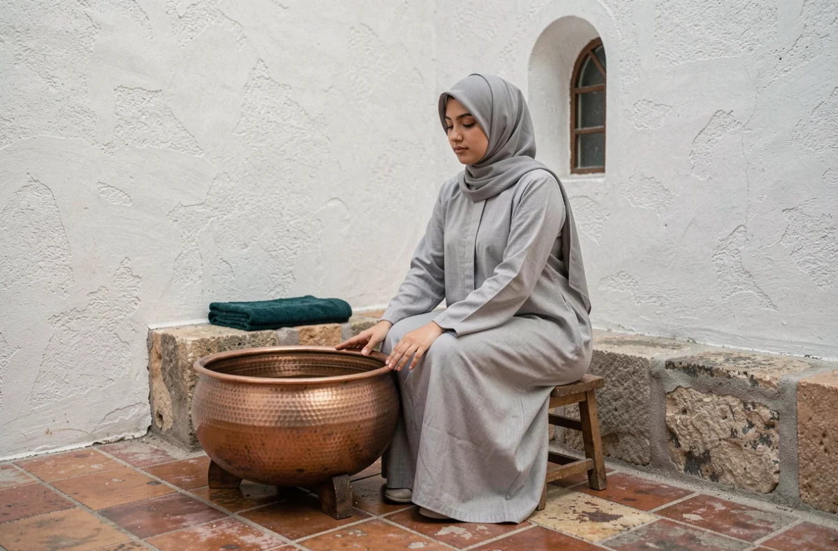 Jeune femme en abaya grise assise près d'un bassin en cuivre traditionnel dans une cour intérieure, préparation rituelle à la purification islamique dans un cadre pudique
