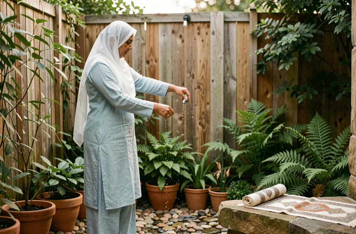 Femme en tenue modeste effectuant sa purification à l'extérieur près d'un robinet dans un espace jardin privé, cadre naturel verdoyant, geste rituel islamique
