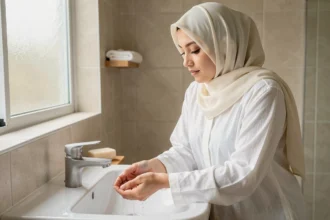 Femme musulmane en tenue pudique effectuant ses ablutions au lavabo, mains sous l'eau courante, ambiance sereine et propre dans une salle de bain neutre