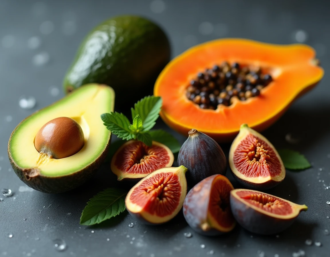 Gros plan de fruits contenant de la vitamine D : avocat tranché, papaye et figues séchées sur ardoise