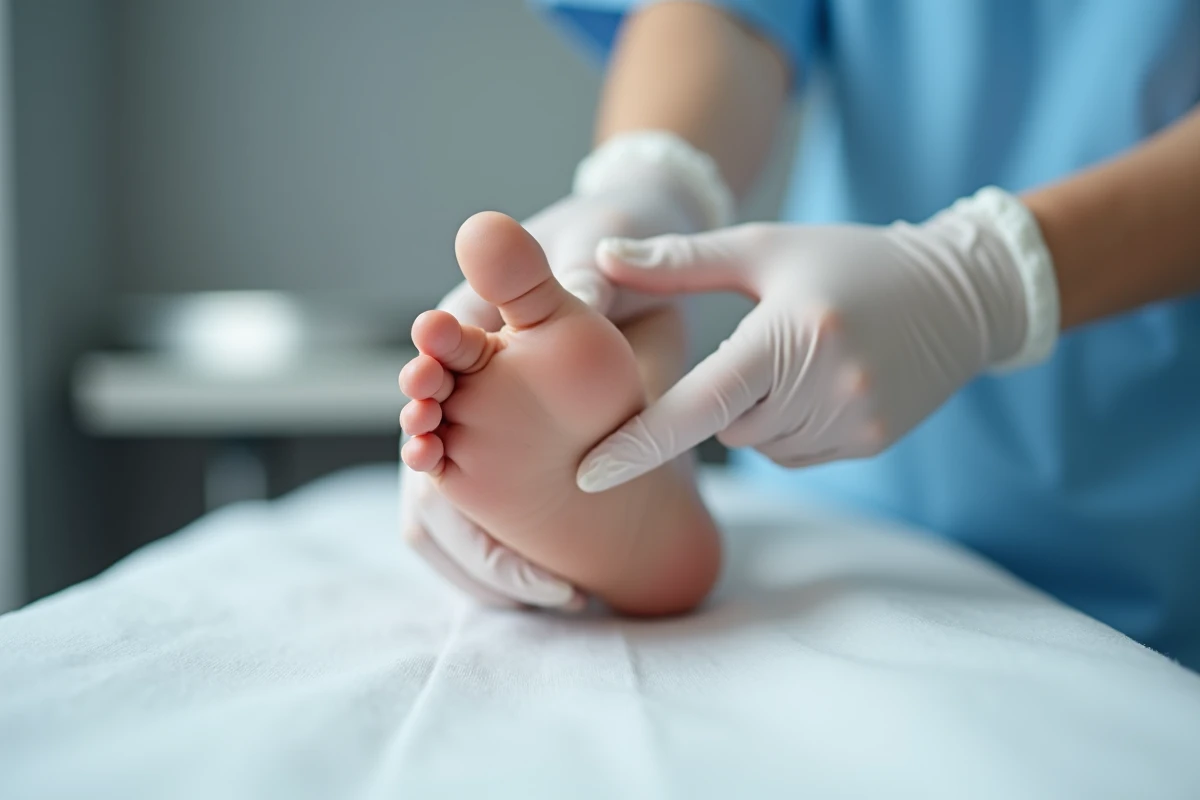 Gros plan sur un talon examiné par un professionnel de santé, permettant de localiser la zone douloureuse de l'éperon calcanéen