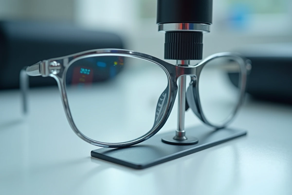 Gros plan sur un verre ZEISS avec marquages anti-reflets et gravure de marque sur instrument de mesure optique