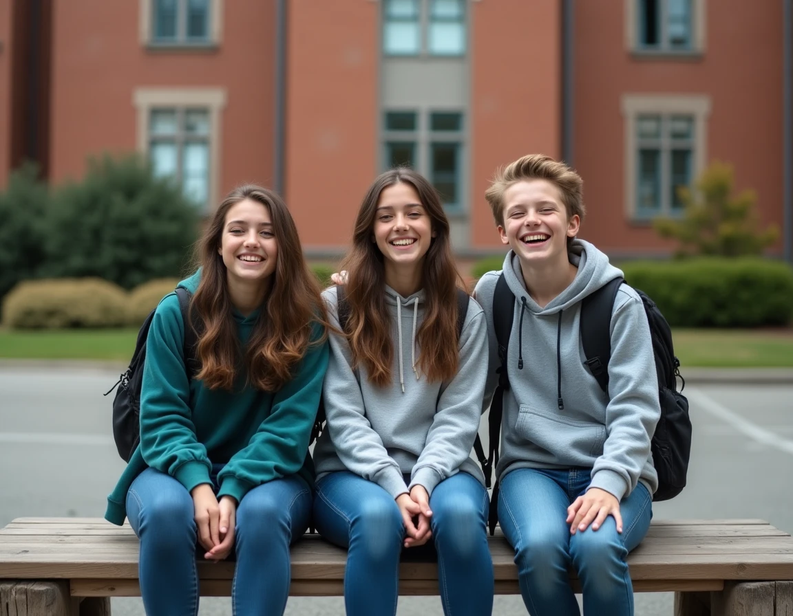 Groupe d'adolescents souriants devant leur école, santé dentaire et hygiène bucco-dentaire