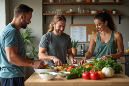 Groupe de personnes préparant des repas sains dans une cuisine moderne