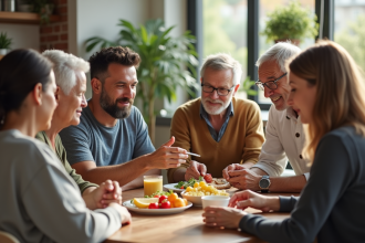 Groupe divers d'adultes autour d'une table avec moniteurs de sucre