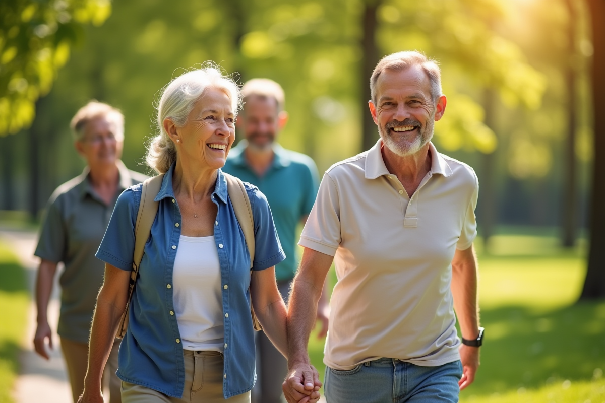 Groupe de seniors actifs marchant dans un parc ensoleille