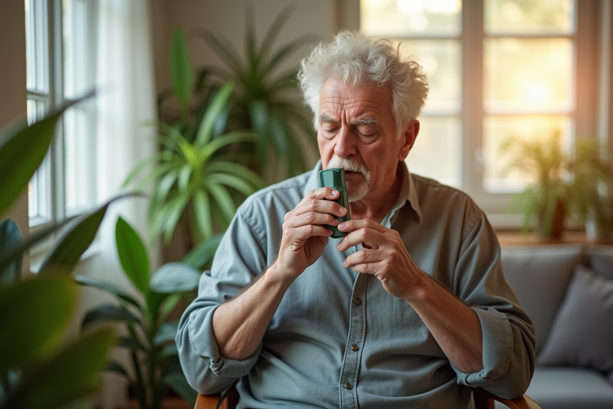 Homme âgé utilisant un inhalateur dans un salon lumineux