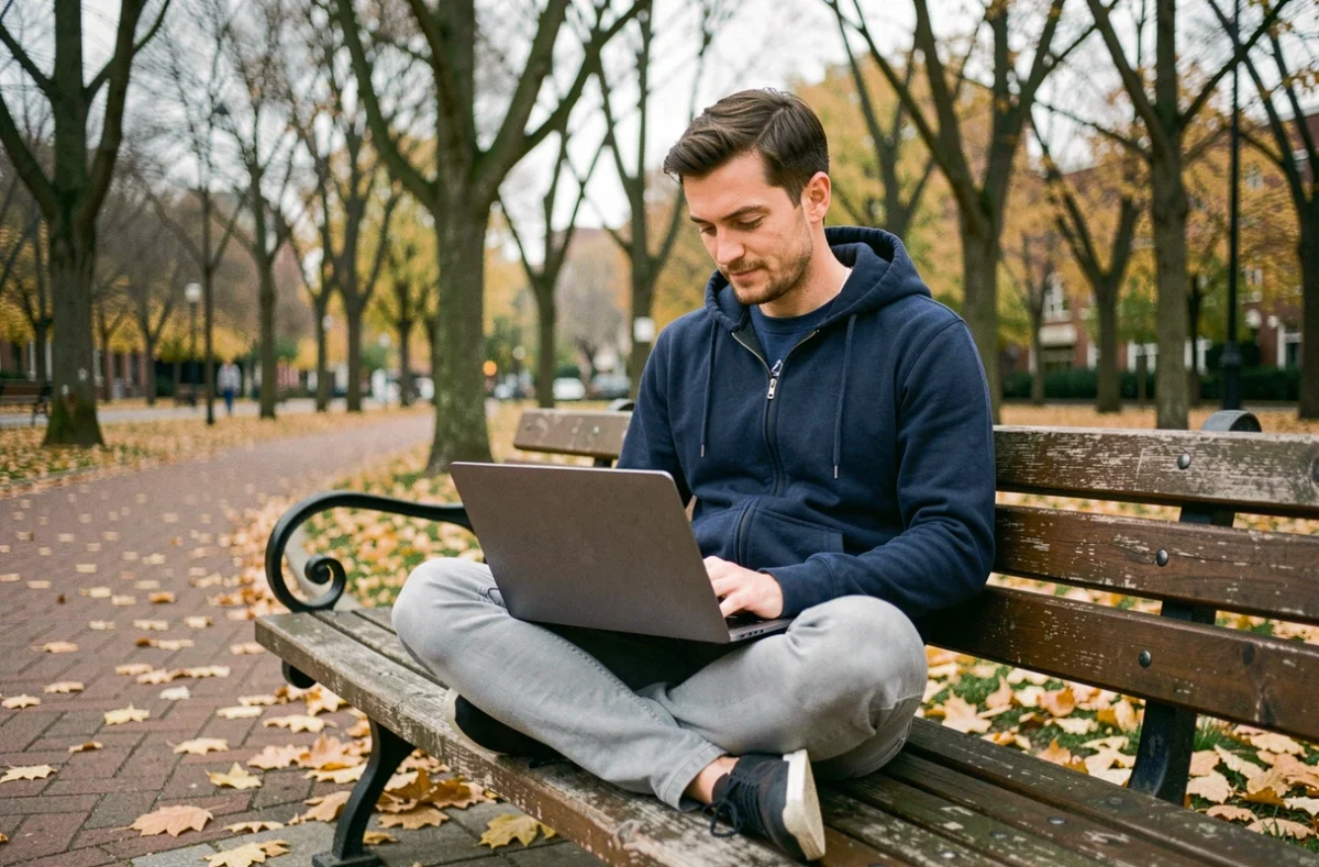 Homme lisant un blog de développement personnel sur ordinateur dans un parc en automne