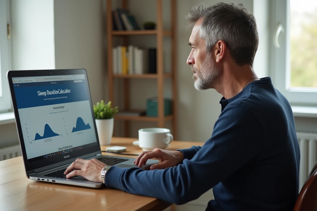 Homme utilisant un calculateur de durée de sommeil sur ordinateur portable à son bureau