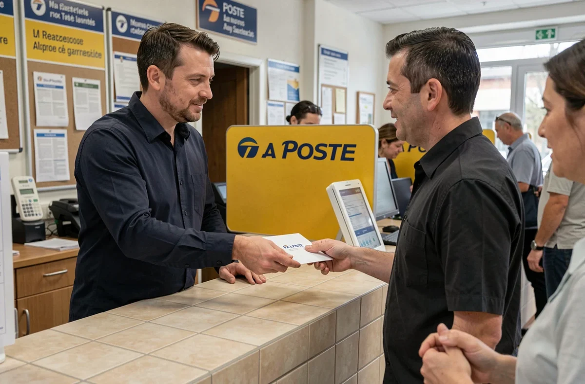 Homme déposant une enveloppe au bureau de poste pour envoyer un courrier administratif à la CPAM Lyon