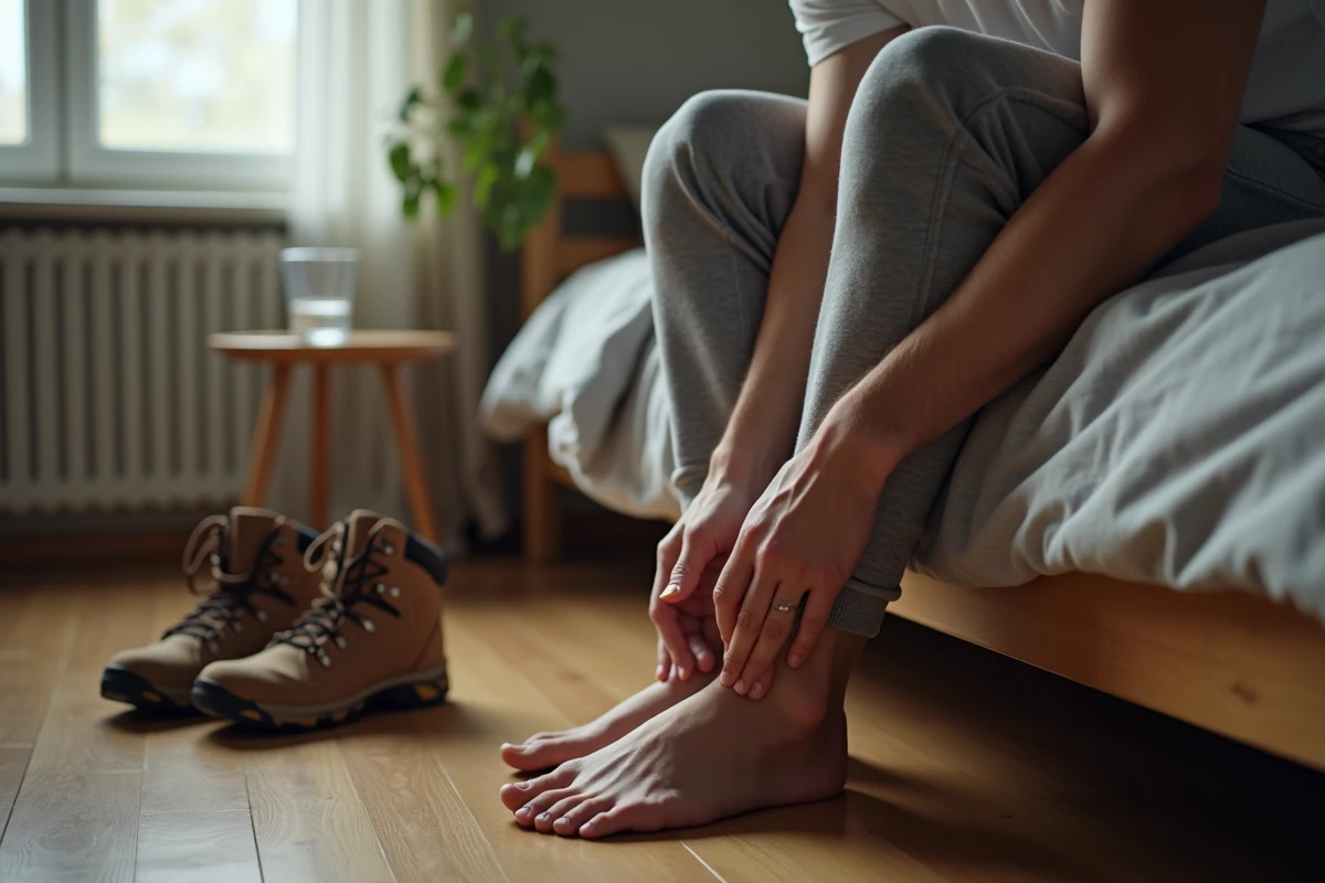 Homme assis sur un lit qui palpe le dessus de son pied nu après une randonnée, chaussures de marche posées au sol