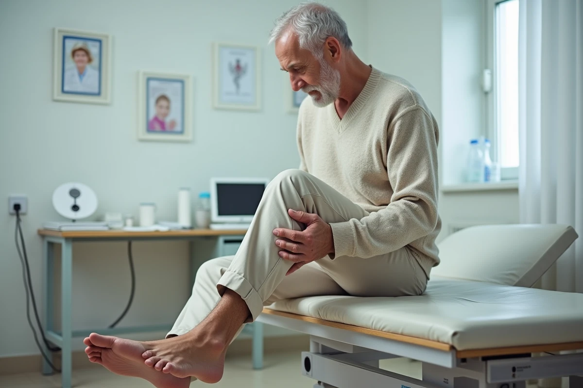 Homme âgé en consultation médicale vérifiant son pied