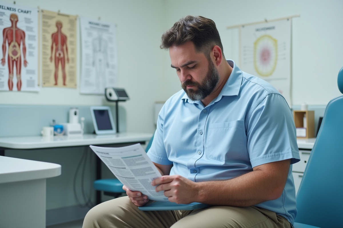 Homme en blouse remplissant fiche de santé en clinique