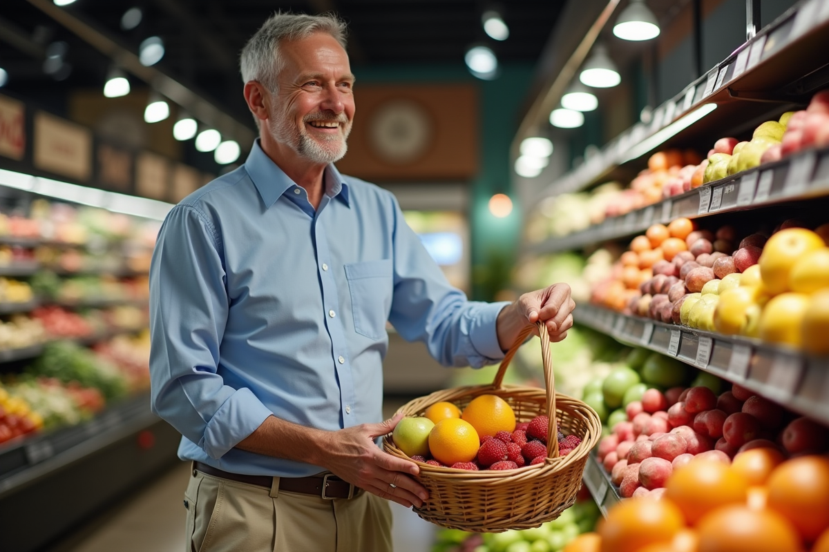 Homme choisissant des fruits frais dans un supermarché animé