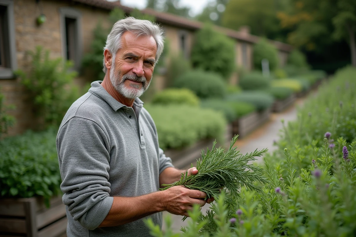 Homme récoltant des herbes aromatiques dans un jardin
