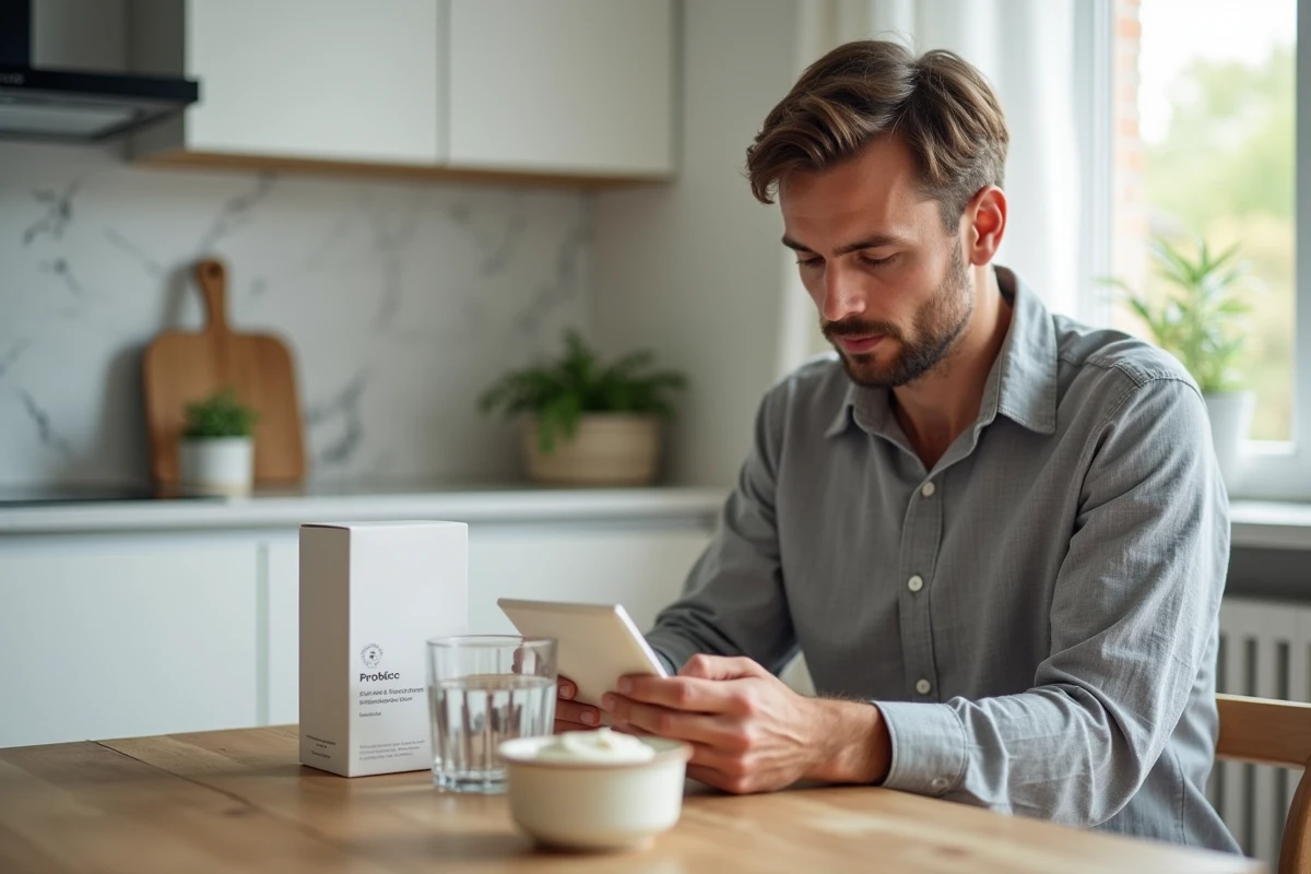 Homme lisant l'étiquette d'un probiotique à la maison pour choisir le meilleur traitement de fond