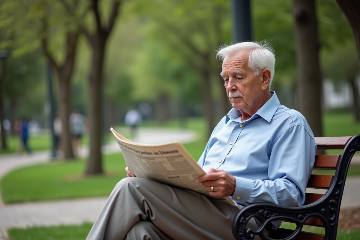 Homme âgé assis sur un banc de parc lisant un journal