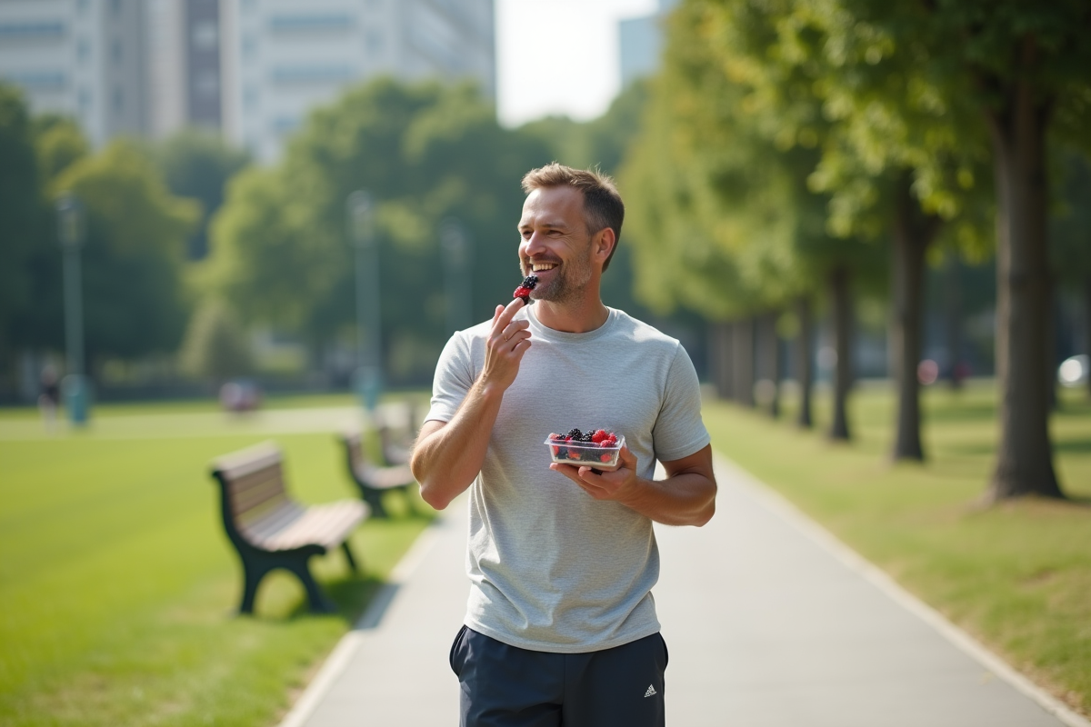 Homme actif mangeant des fruits dans un parc urbain