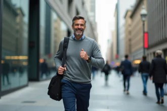 Homme d'âge moyen en déplacement urbain avec smartwatch