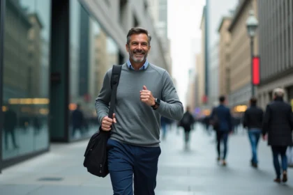 Homme d'âge moyen en déplacement urbain avec smartwatch