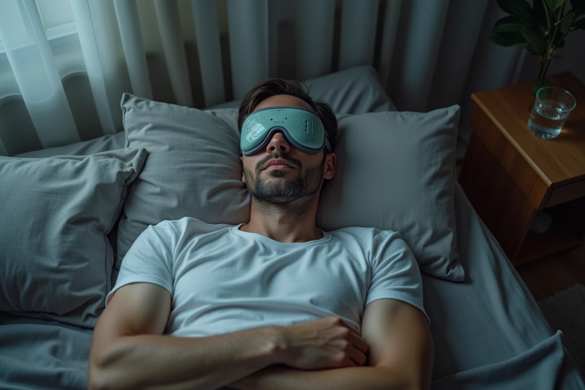 Homme allongé sur un lit portant un masque anti-migraine sur le front et les yeux dans une chambre reposante