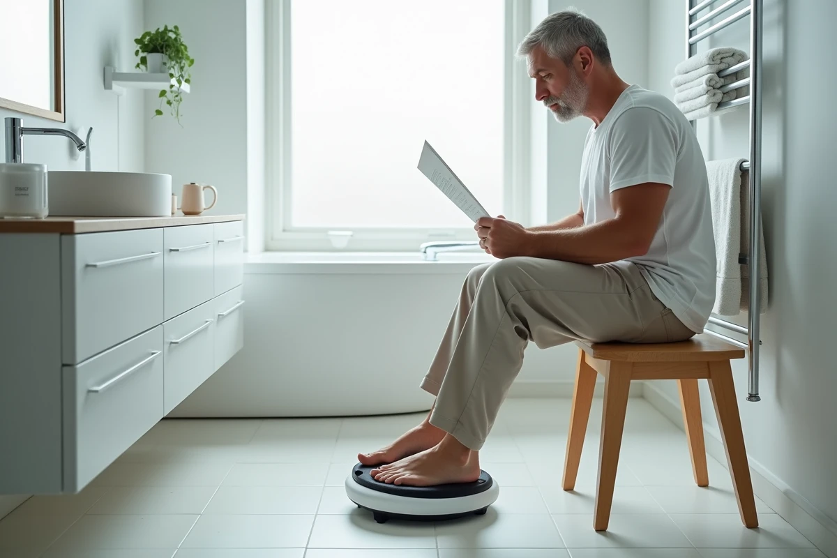 Homme lisant le manuel d'un appareil de massage de pied en positionnant son pied incorrectement sur l'appareil dans une salle de bain