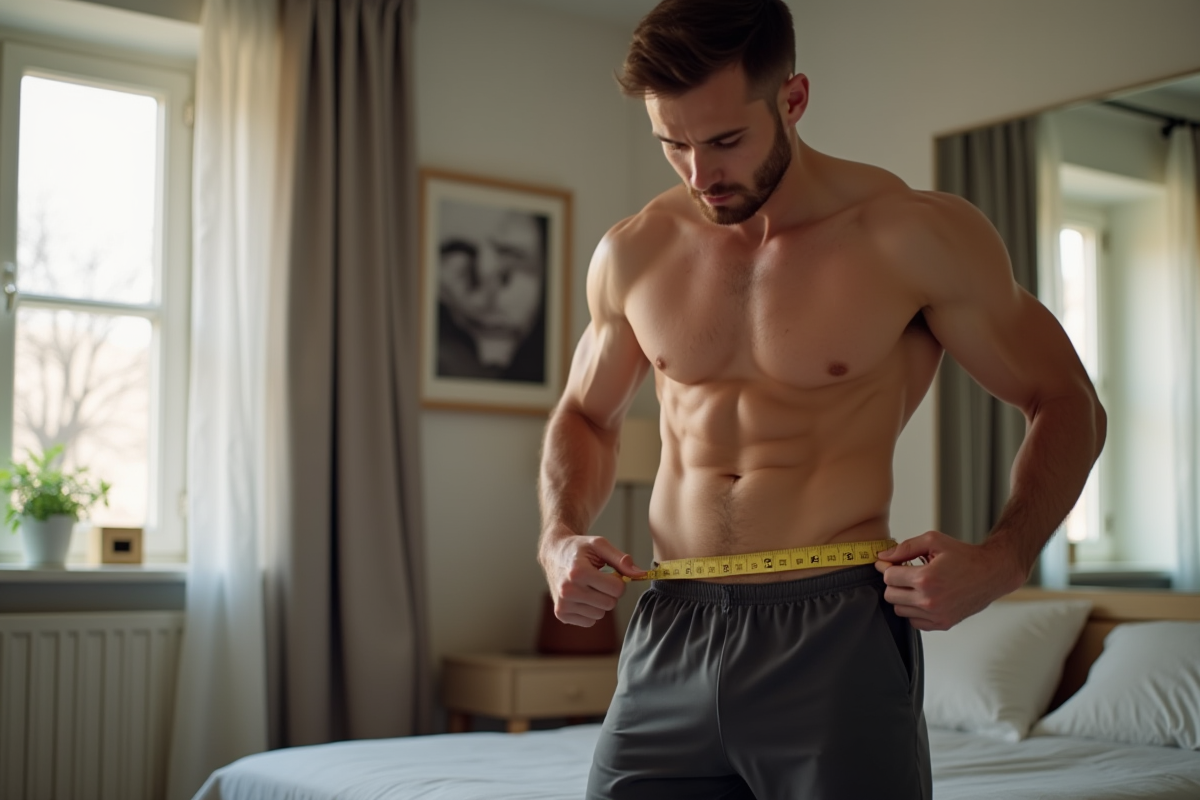 Homme en forme mesurant sa taille avec un ruban dans une chambre moderne