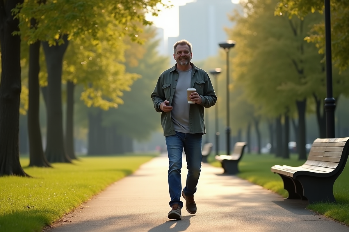Homme marchant dans un parc urbain au petit matin