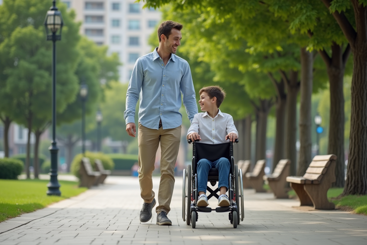Homme poussant un garçon en fauteuil dans un parc urbain