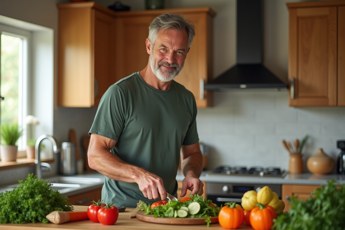Homme en cuisine préparant une salade avec des légumes frais