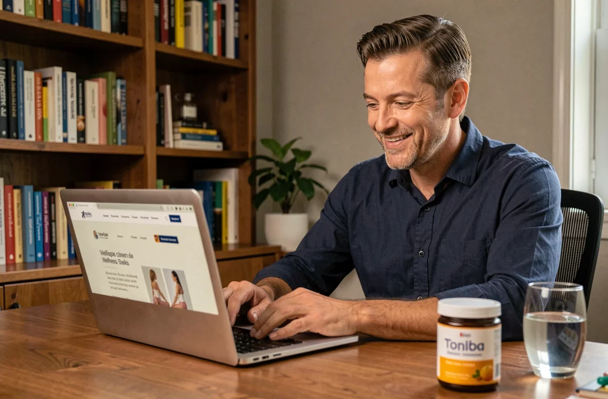 Homme consultant un site de bien-être sur ordinateur portable avec un complément Lumilean posé sur le bureau