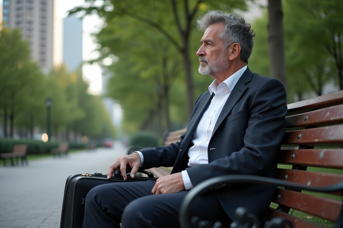 Homme d affaires assis sur un banc de parc en réflexion