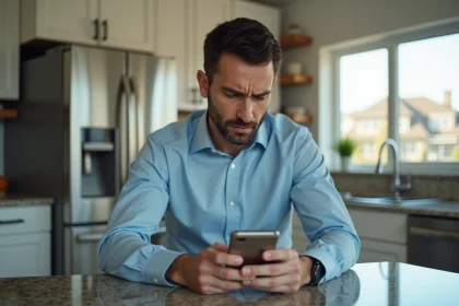 Homme d'âge moyen dans une cuisine moderne regarde son smartphone