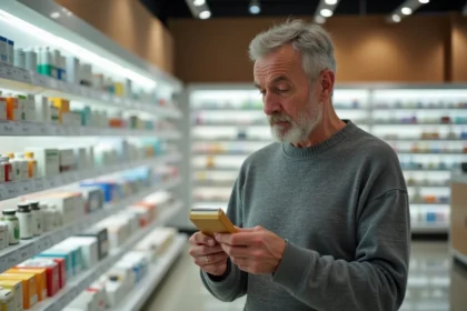 Homme sceptique examinant une boîte de complément alimentaire Indiva System dans une pharmacie française