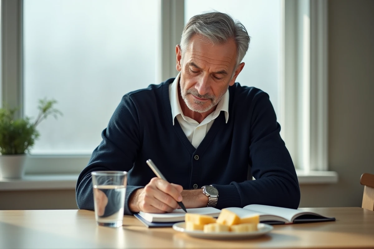Homme senior prenant des notes dans un journal de santé devant une assiette de fromages adaptés au diabète à la maison