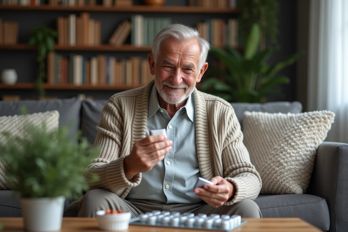 Homme senior tenant un organisateur de médicaments dans un salon cosy