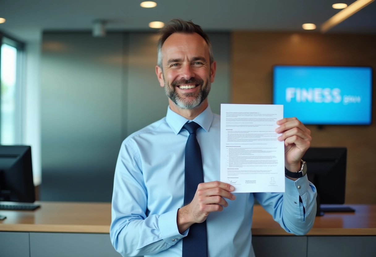 Homme souriant tenant un document dans un espace administratif