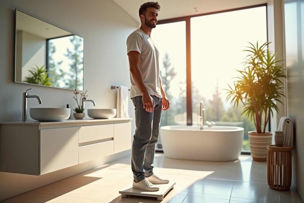 Homme souriant et sportif se tenant sur une balance dans un appartement lumineux