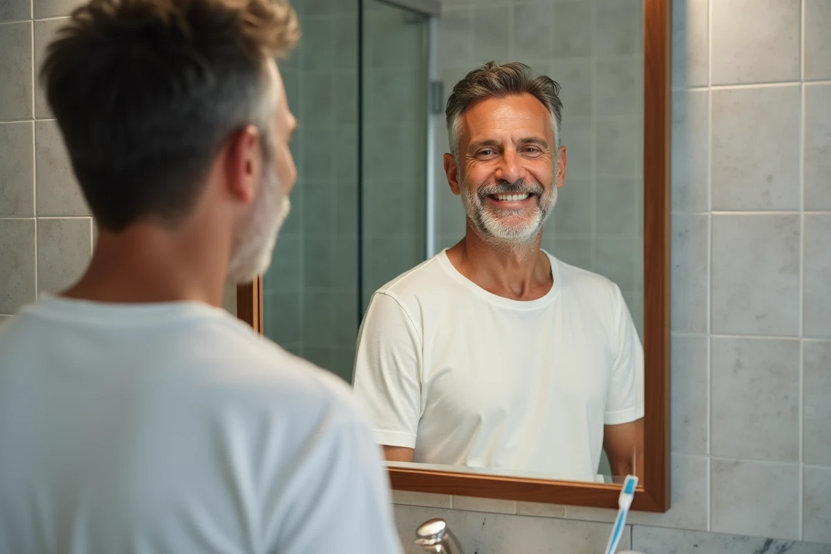 Homme souriant avec des facettes en céramique dentaire devant un miroir de salle de bain