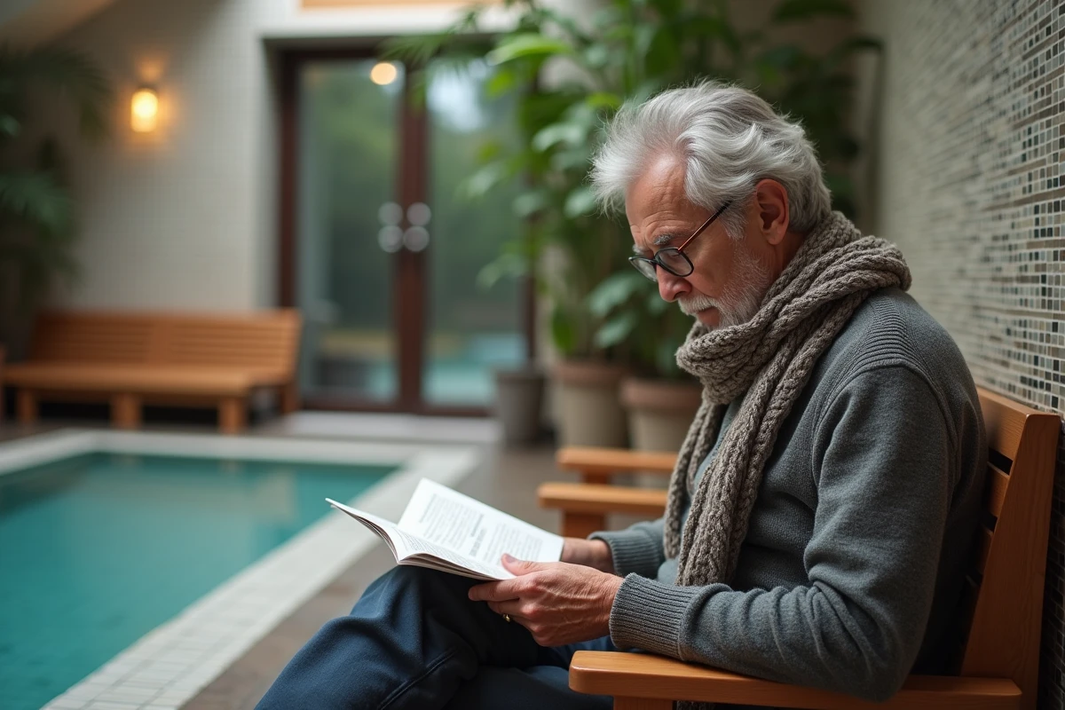 Homme âgé lisant une brochure dans un spa cosy