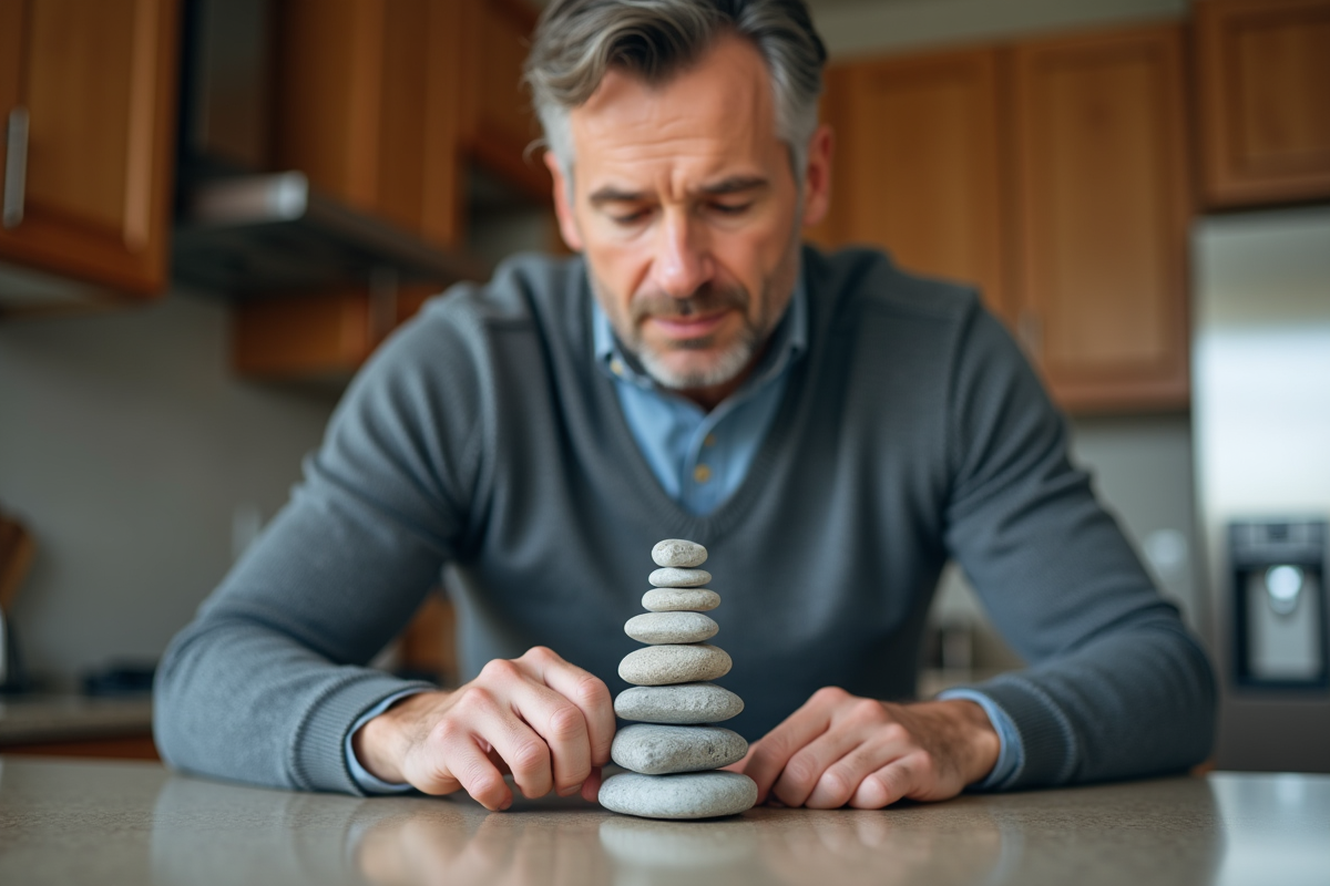 Homme arrangeant des pierres dans sa cuisine moderne