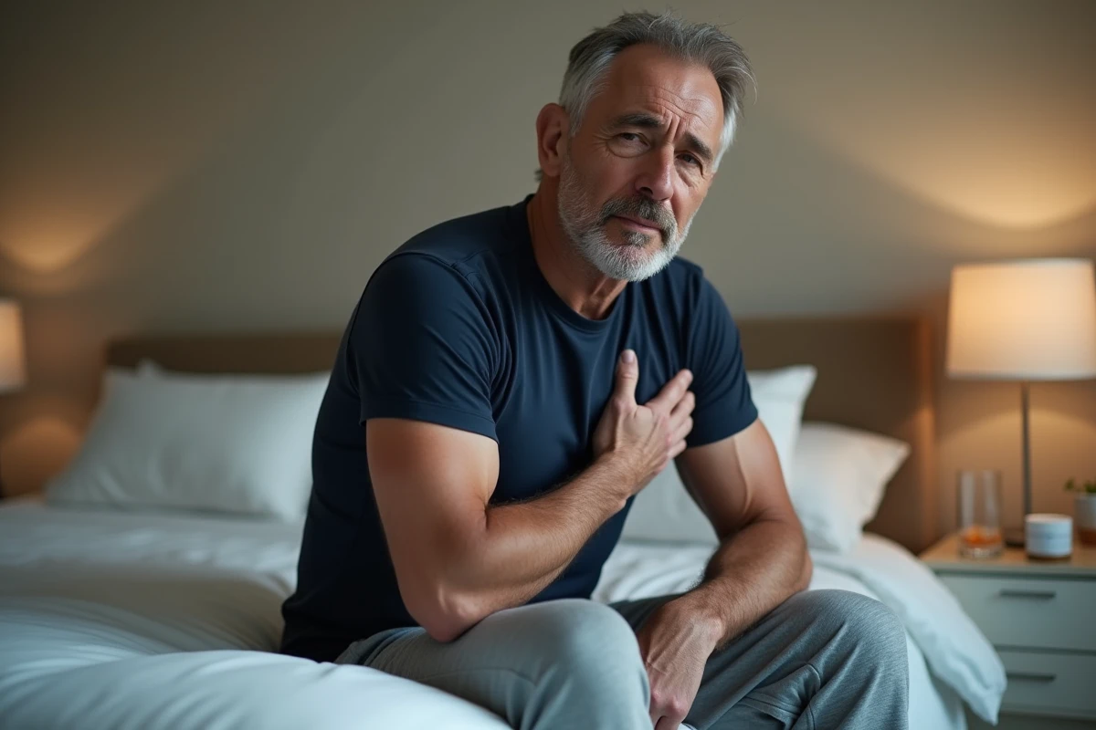 Homme d'une cinquantaine d'années assis sur le bord d'un lit, la main sur la poitrine, exprimant une gêne physique liée à un mauvais dosage de médicament thyroïdien