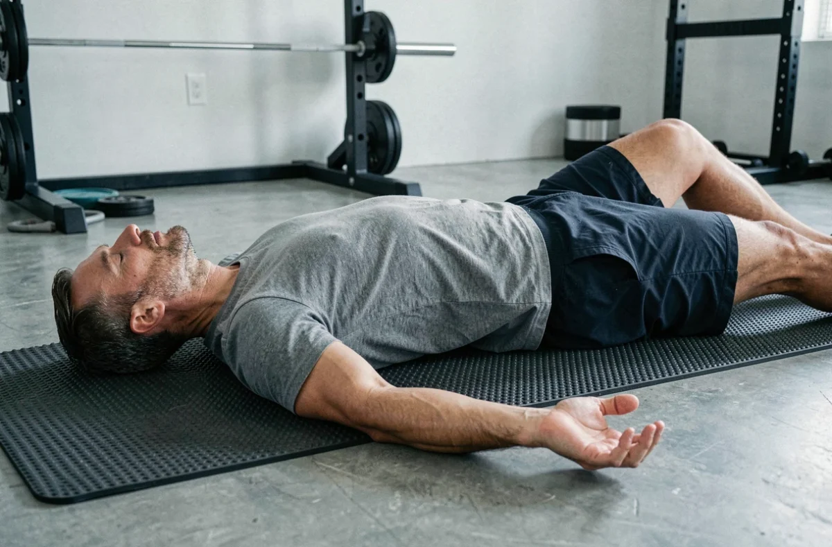 Homme allongé sur un tapis d'acupression lotus dans une salle de sport à la maison, position de récupération dorsale sur sol en béton