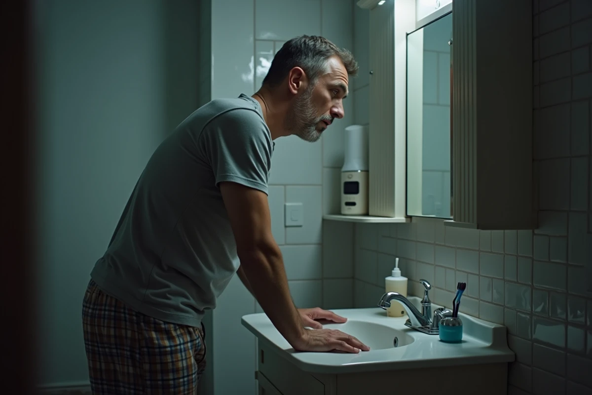 Homme en pyjama debout dans la salle de bain la nuit face à un humidificateur pour soulager une toux nocturne