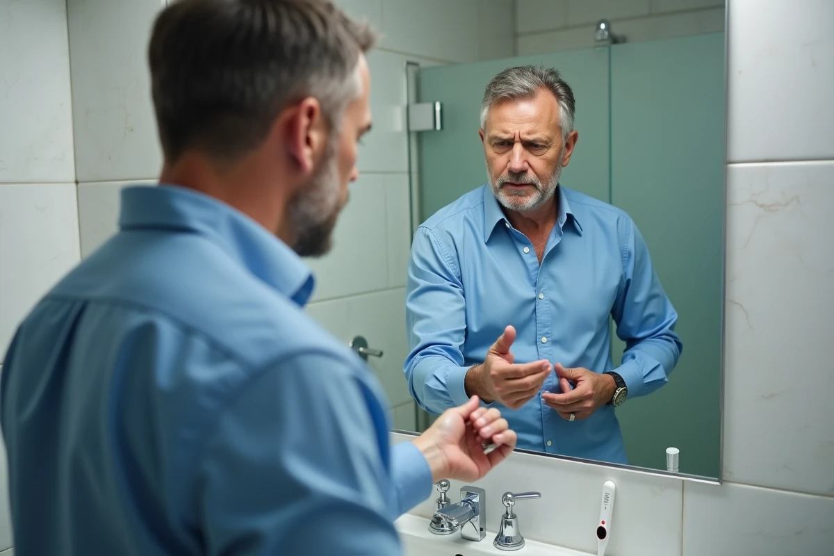 Homme regardant son reflet en examinant son aisselle