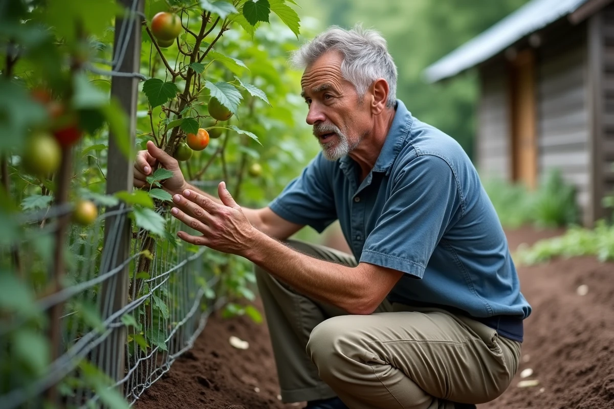 Jardinier identifiant une vigne de coloquinte toxique envahissante le long d'une clôture de potager