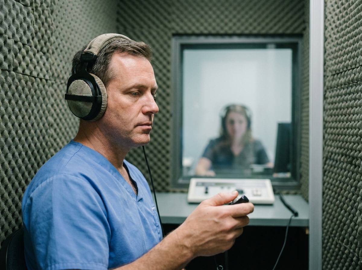 Infirmier en tenue médicale portant un casque audio lors d'un bilan auditif en cabine insonorisée