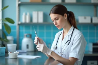 Infirmière préparant une injection dans un environnement hospitalier